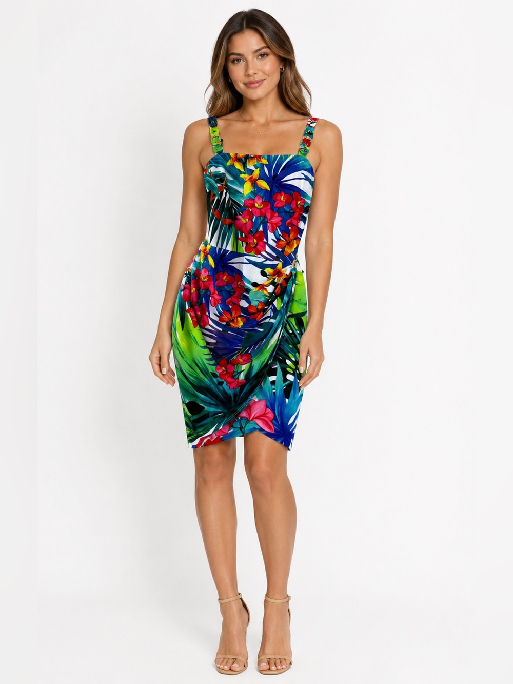 Cache Tropical Floral Midi Dress Fitted Body Contouring Ruched Gold Accents